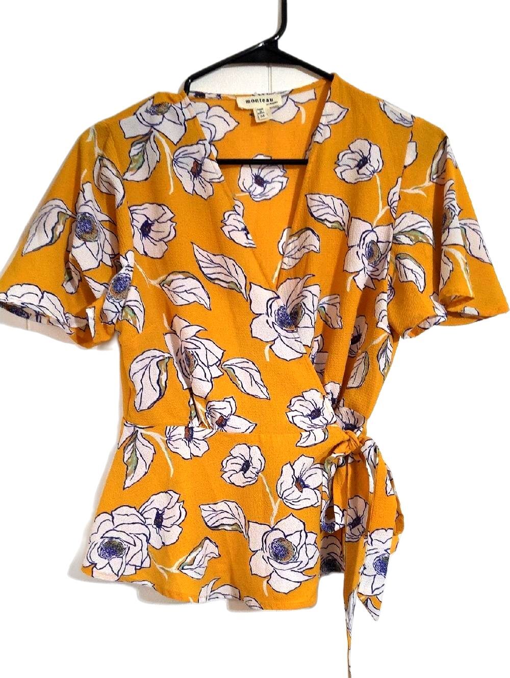 Monteau Mustard Yellow Floral Wrap Blouse